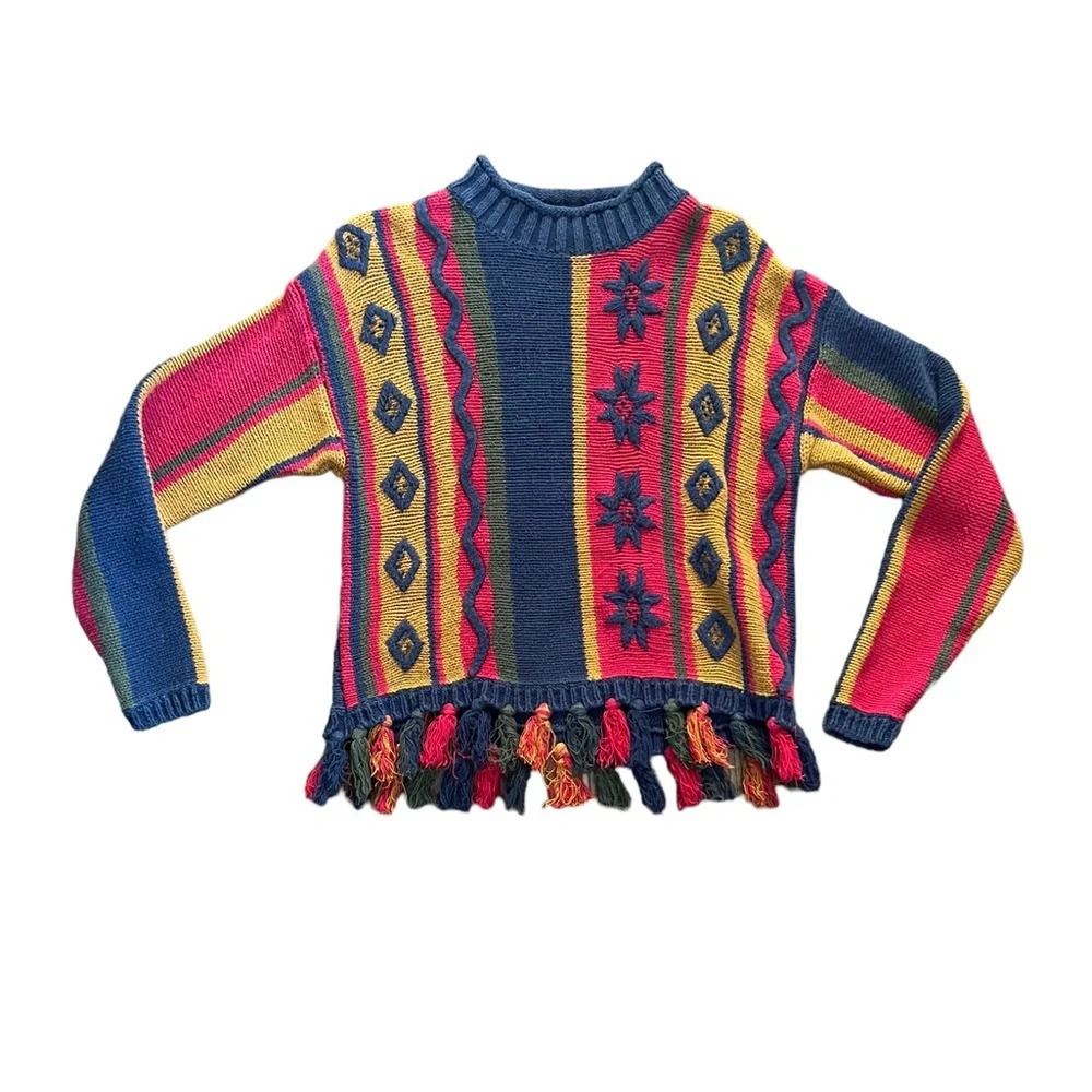 Vintage Southwestern Knit Fringe Sweater M Cotton